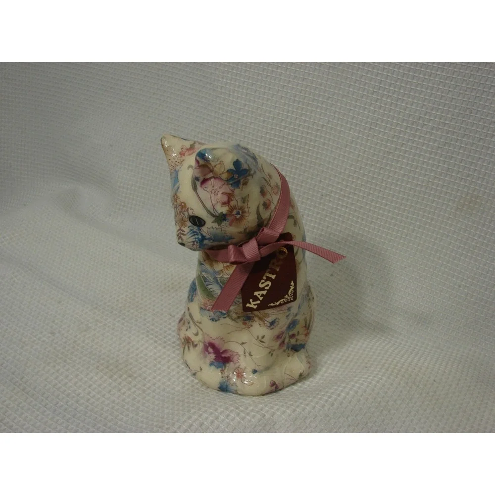 Floral Chintz Decoupage Cat Kitty Kitten Figurine Original Tags Kastro Mexico